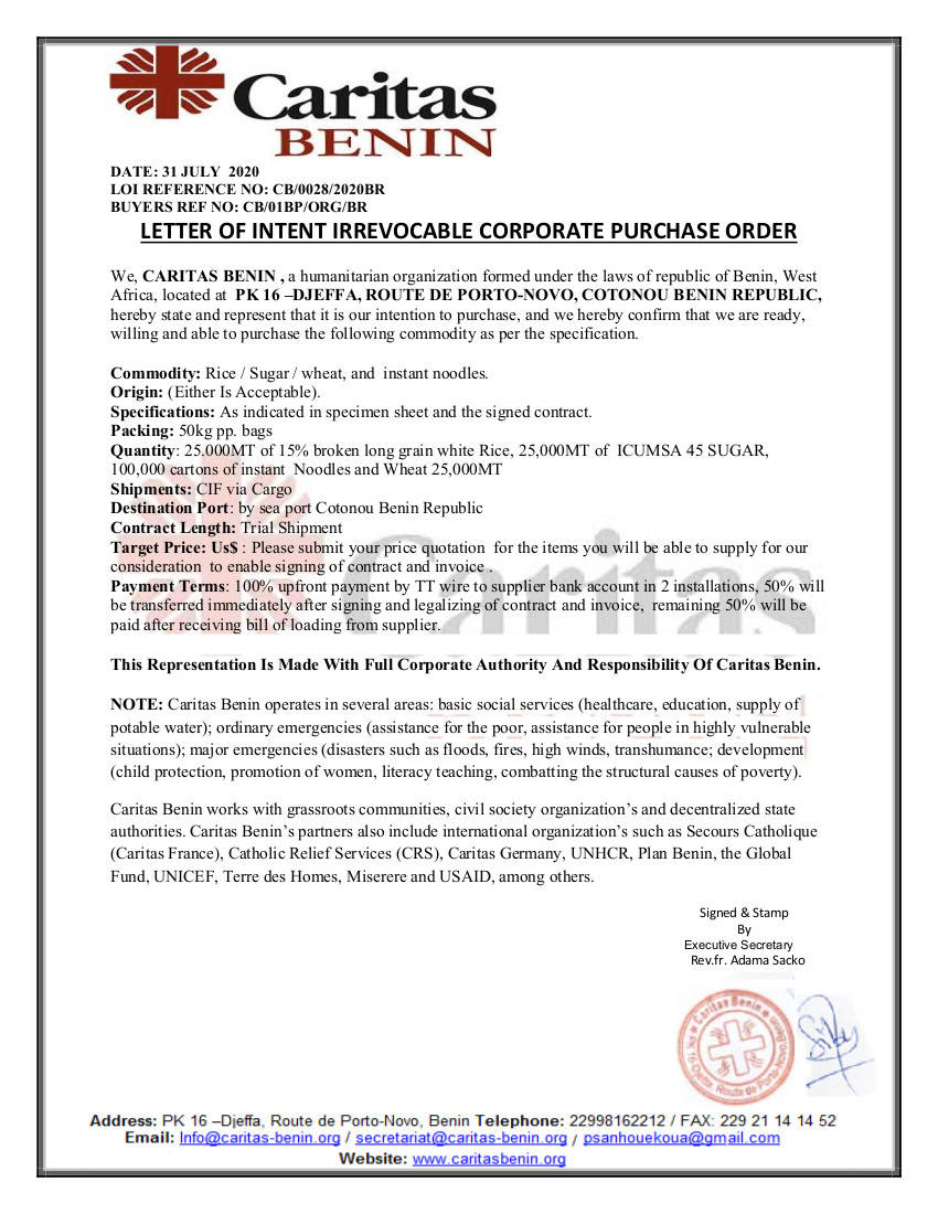 LETTER OF INTENT IRREVOCABLE CORPORATE PURCHASE ORDER